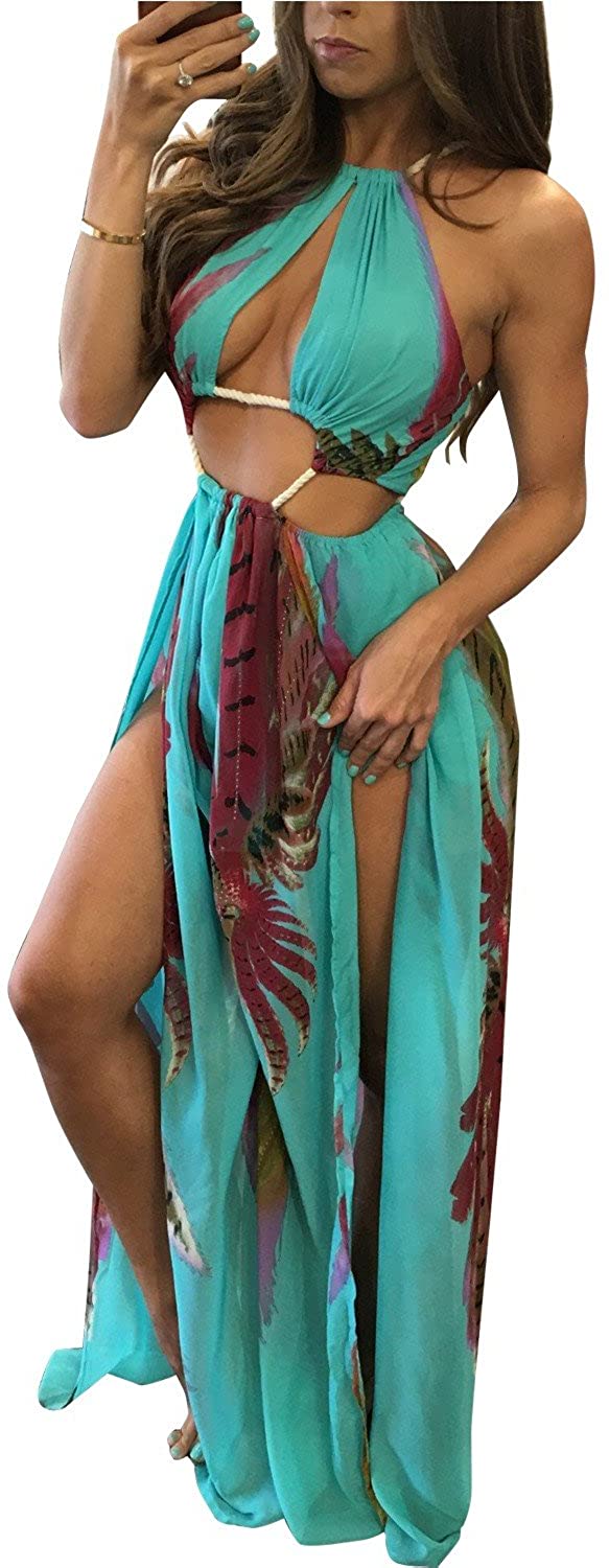 Price:$26.99 Women's Boho Floral Halter Summer Beach Party Split Cover Up Dress S-XL at Amazon Women’s Clothing store