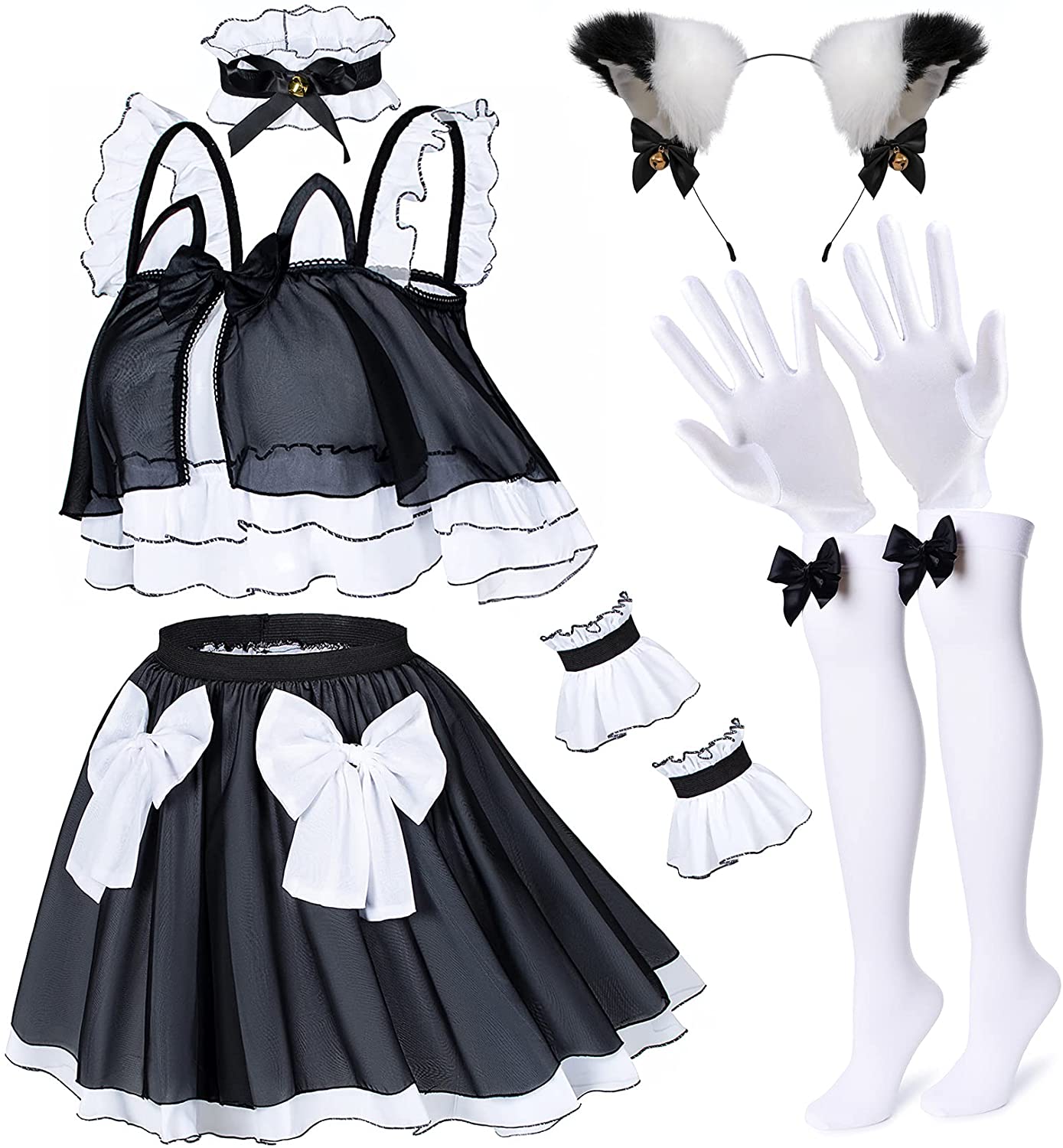 Price:$32.99 Crop-Top Maid Fancy Princess Skirt Cosplay Costume Furry Cat Ear Gloves Socks Set: Clothing, Shoes & Jewelry