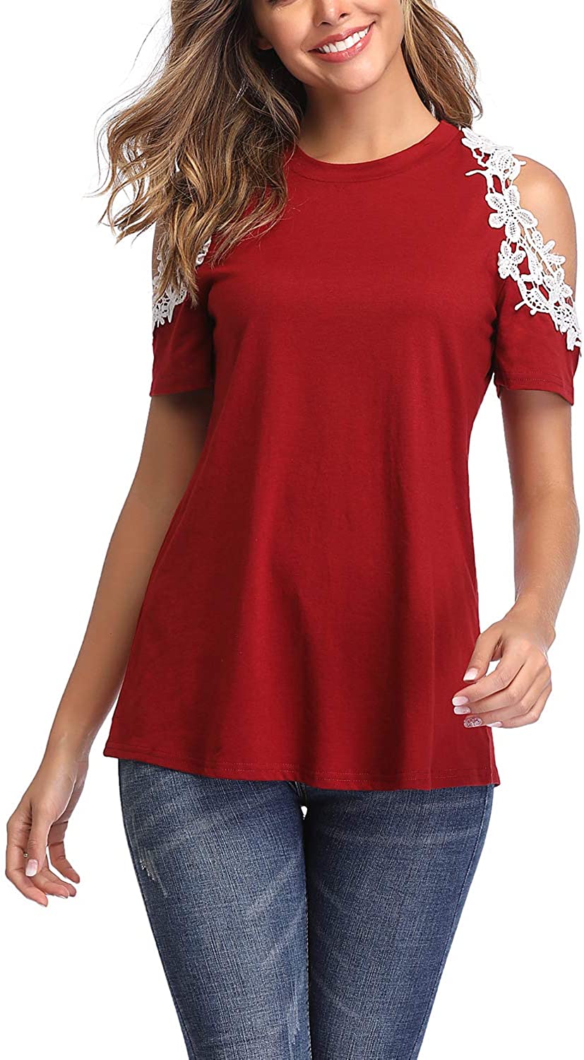 Price:$13.99 Women's Casual Tops Short Sleeve Flowy Lace Cold Shoulder Tops Blouses Basic Tee Shirts at Amazon Women’s Clothing store