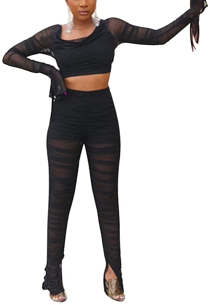 Price:$27.99 Women's Sexy Mesh 2 Piece Outfit - Off Shoulder See Through Bodysuit Sheer Pants Set S XL : Clothing, Shoes & Jewelry