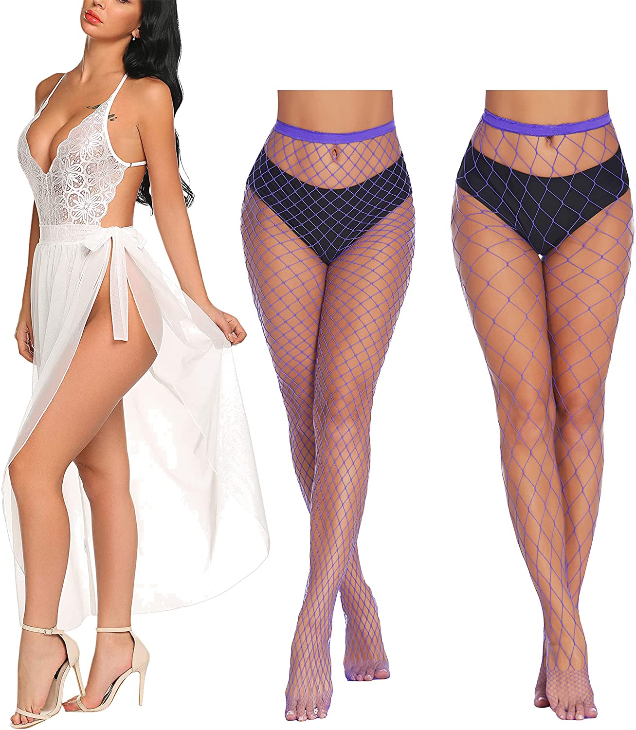 Price:$26.97 Women Lingerie Deep V Lace Bodysuit and Womens High Waist Tights Fishnet Stockings: Clothing, Shoes & Jewelry
