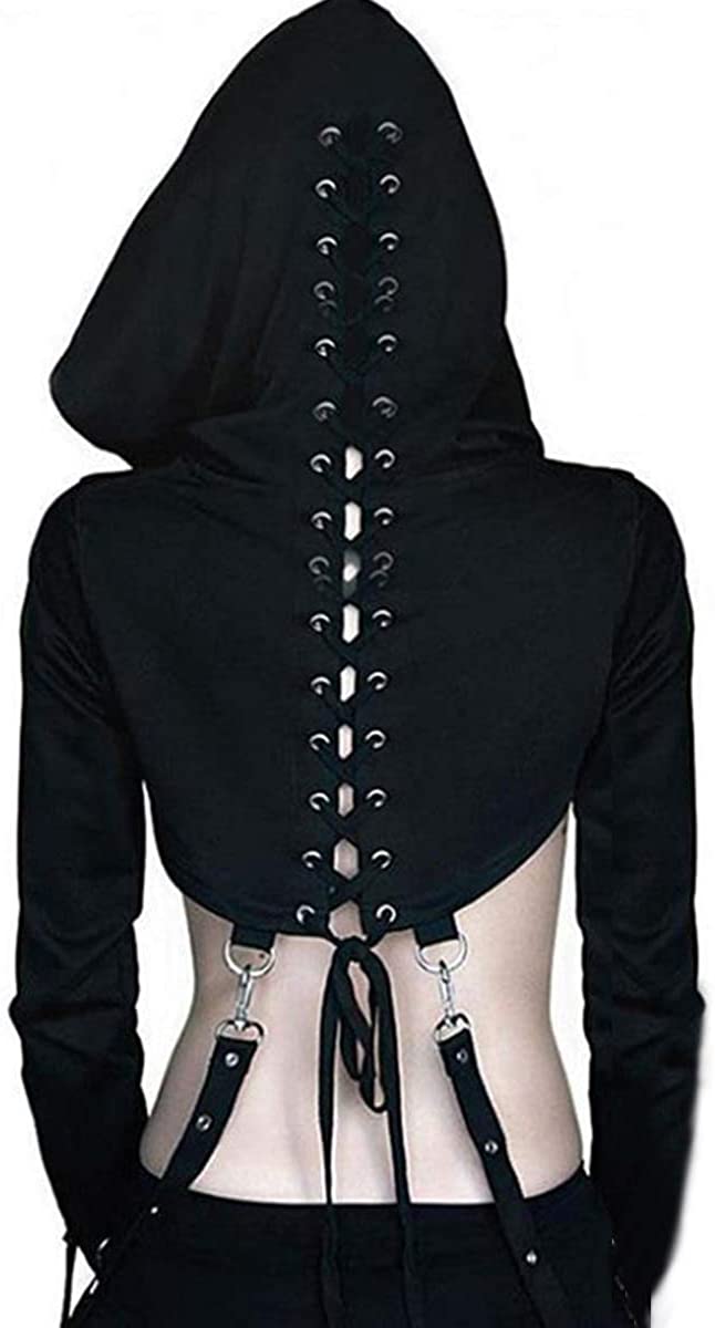 Price:$29.99 Women Goth Skeleton Hoodie Crop Top Iron Chain Long Sleeve Hooded Pullover Sweatshirt for Halloween Rave Festival at Amazon Women’s Clothing store