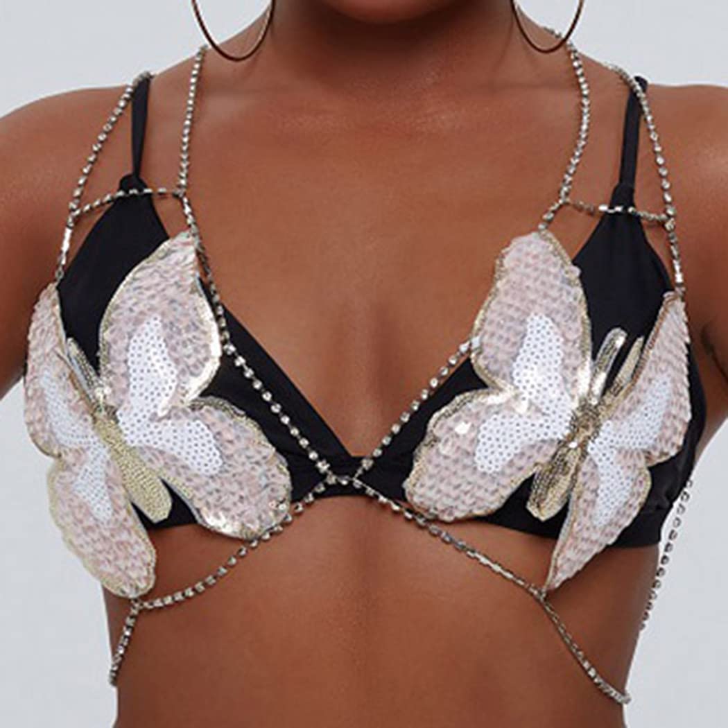 Price:$16.66 Butterfly Body Chains Silver Rhinestone Halter Bra Chain Adjustable Crystal Beach Party Body Accessories Jewelry for Women and Girls : Clothing, Shoes & Jewelry