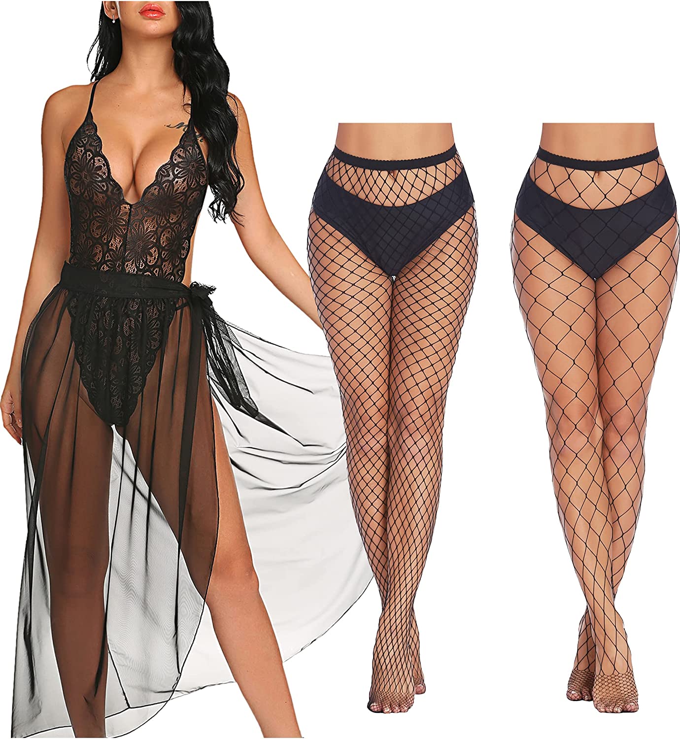 Price:$26.79 Women Lingerie Deep V Lace Bodysuit and Womens High Waist Tights Fishnet Stockings: Clothing, Shoes & Jewelry