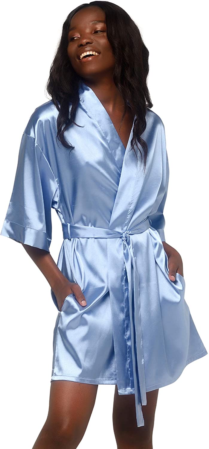 Price:$10.99 Pure Color Satin Short Kimono Bridesmaids Lingerie Robes at Amazon Women’s Clothing store