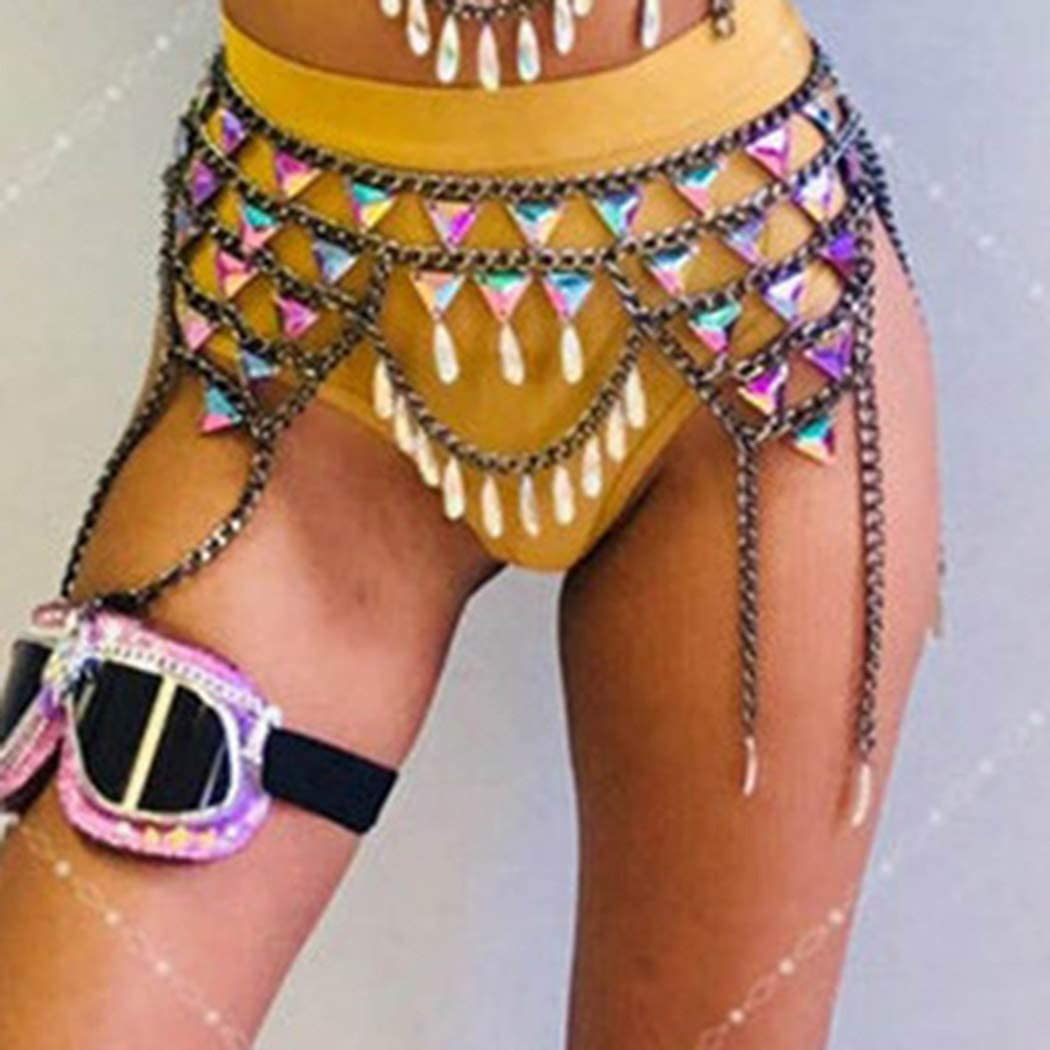 Price:$22.66 Sexy Rhinestone Body Chains Shiny Skirt Beach Waist Chain Tassel Body Accesories for Women and Girls : Clothing, Shoes & Jewelry