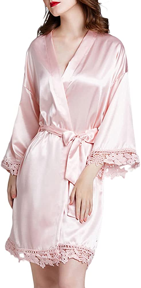 Price:$21.99 Satin Bathrobe Pure Color Silky Short Robes Bridesmaid Bride Wedding Party Robes Sleepwear Lace Loungewear-One Size(Pink) at Amazon Women’s Clothing store