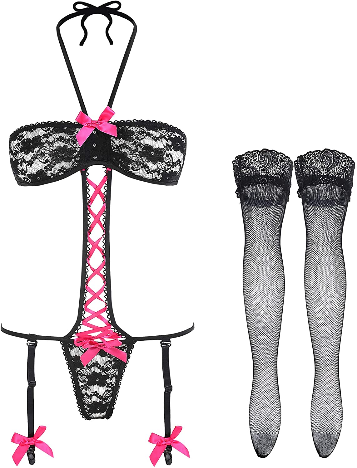 Price:$23.98 Black Lace Garter Belt for Women Halter Women Lingerie Fishnet Stocking : Clothing, Shoes & Jewelry