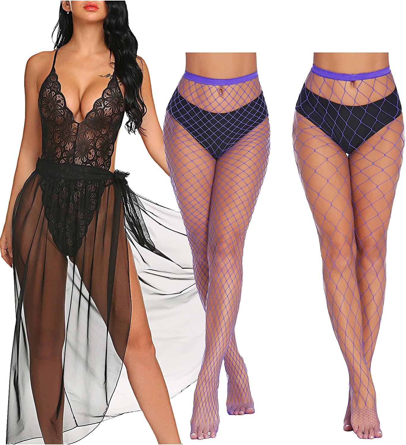 Price:$26.79 Women Lingerie Deep V Lace Bodysuit and Womens High Waist Tights Fishnet Stockings: Clothing, Shoes & Jewelry