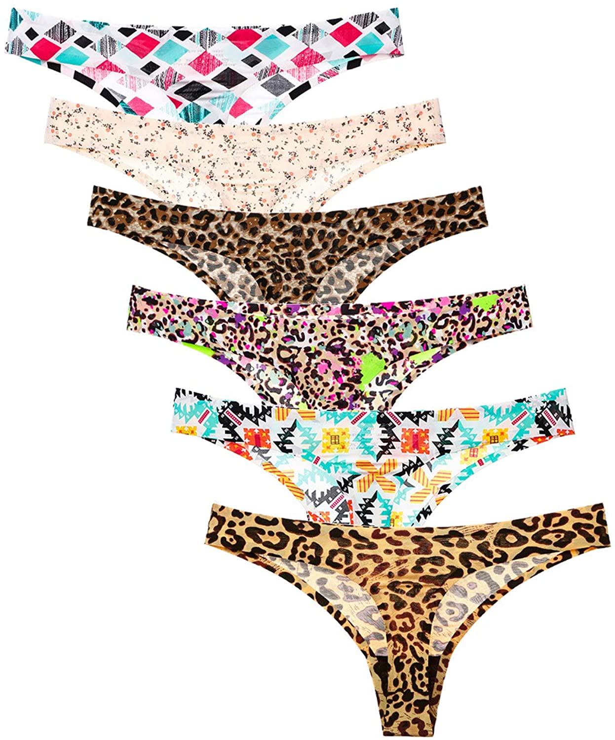 Price:$22.98 NINI 6 Pack Women's Ice Silk Invisible Seamless Thongs Breathable and Sexy Bikini Underwear (X-Large, Leopard Plus Leopard) at Amazon Women’s Clothing store