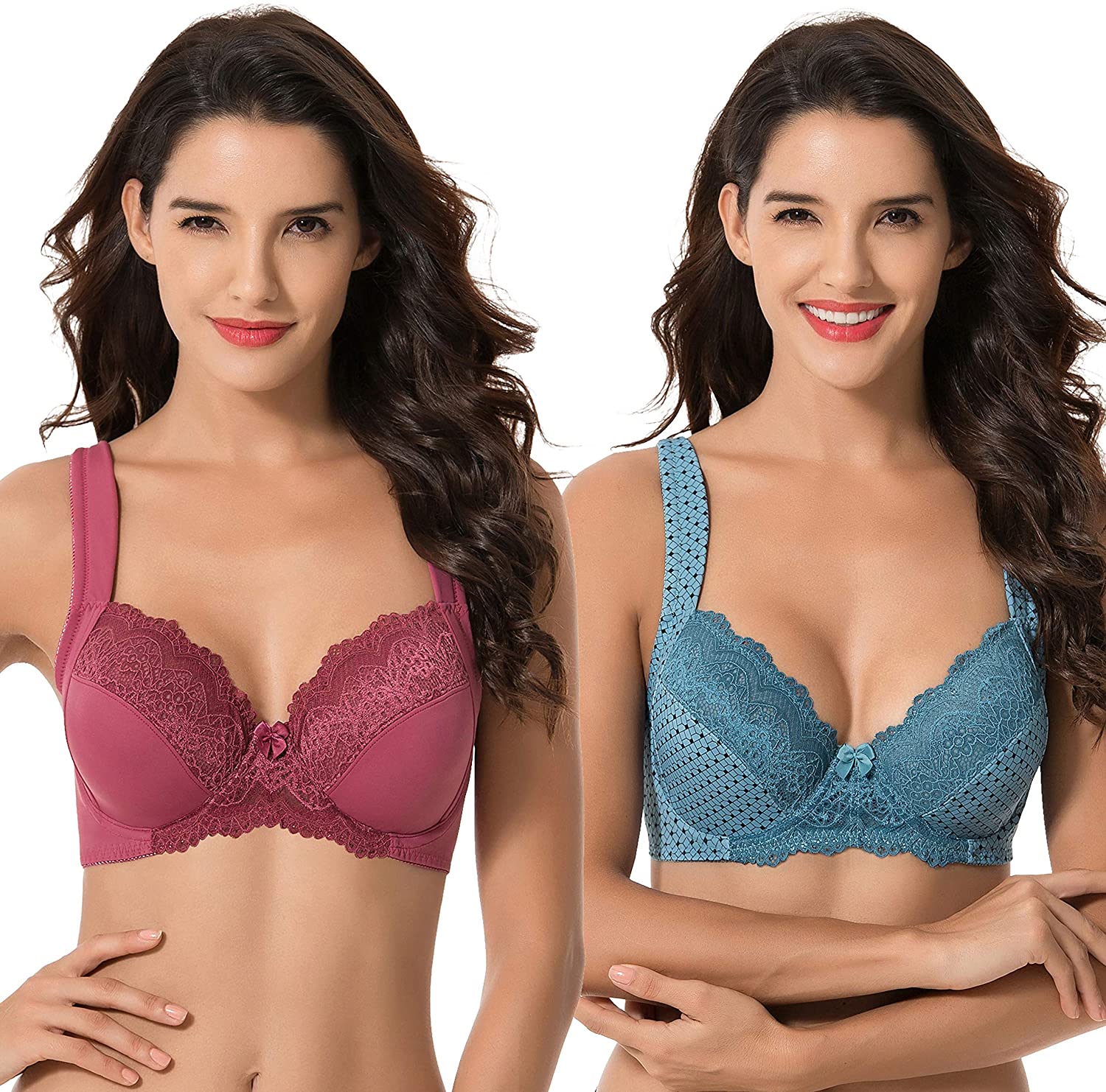Price:$29.99 Muse Women's Plus Size Unlined Underwire Lace Bra with Cushion Straps-2PK at Amazon Women’s Clothing store
