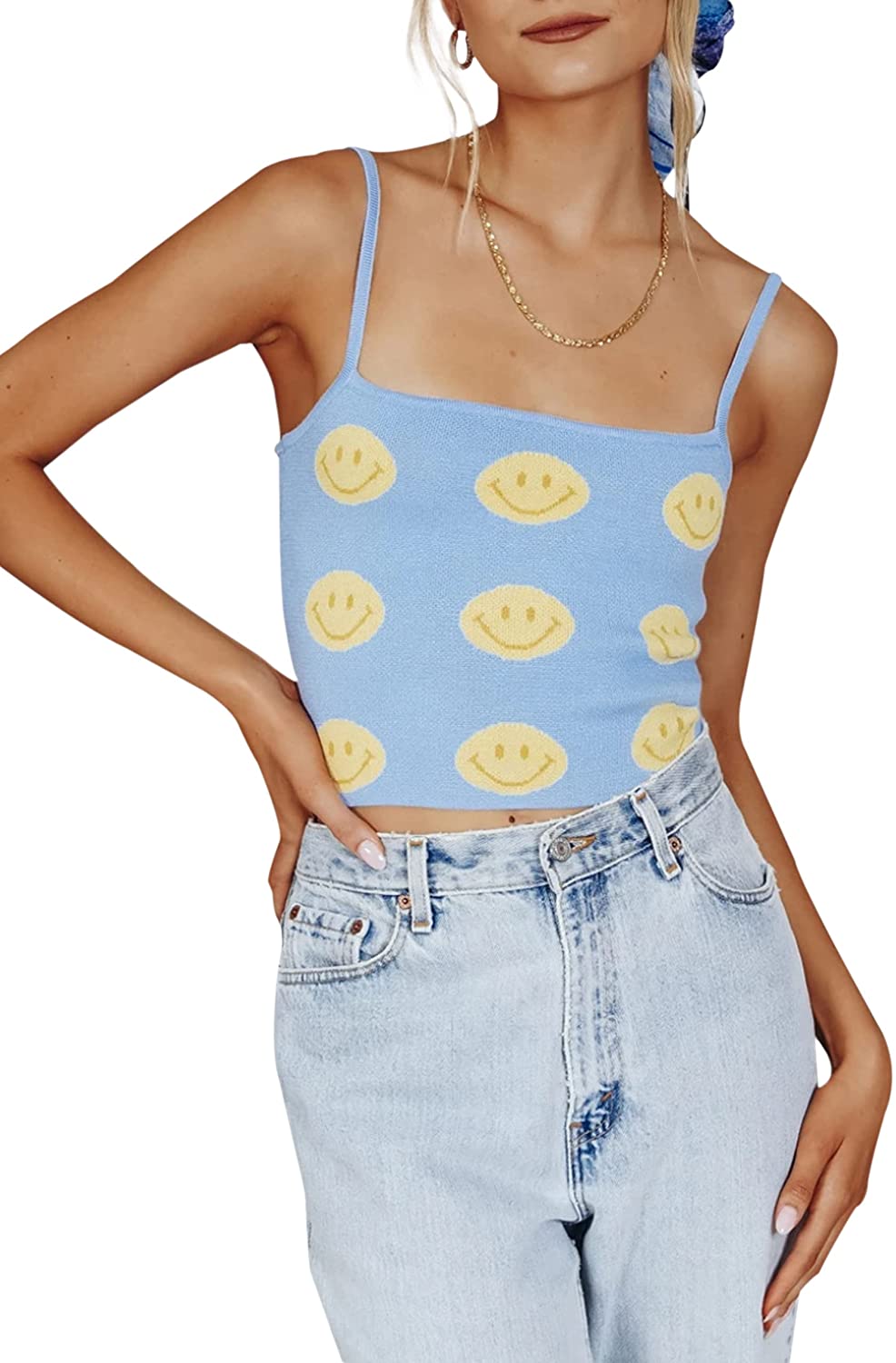 Price:$18.99 Women Y2K Cute Cherry Apple Smiley Face Print Knit Crop Cami Top Sleeveless Spaghetti Strap Crop Camisole Vest at Amazon Women’s Clothing store