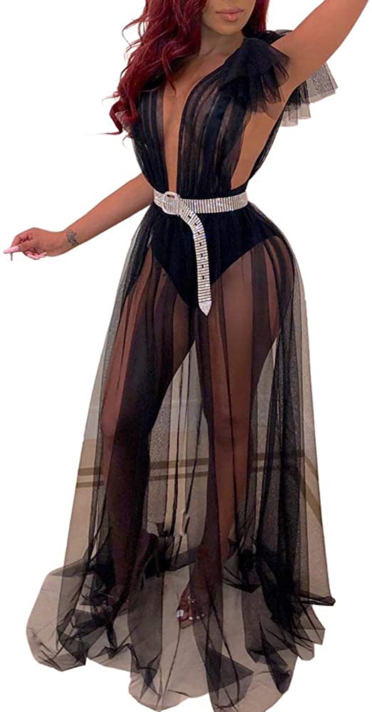 Price:$20.99 Womens Sexy Deep V Neck See Through Sheer Mesh Club Maxi Dress Beach Cover Ups at Amazon Women’s Clothing store