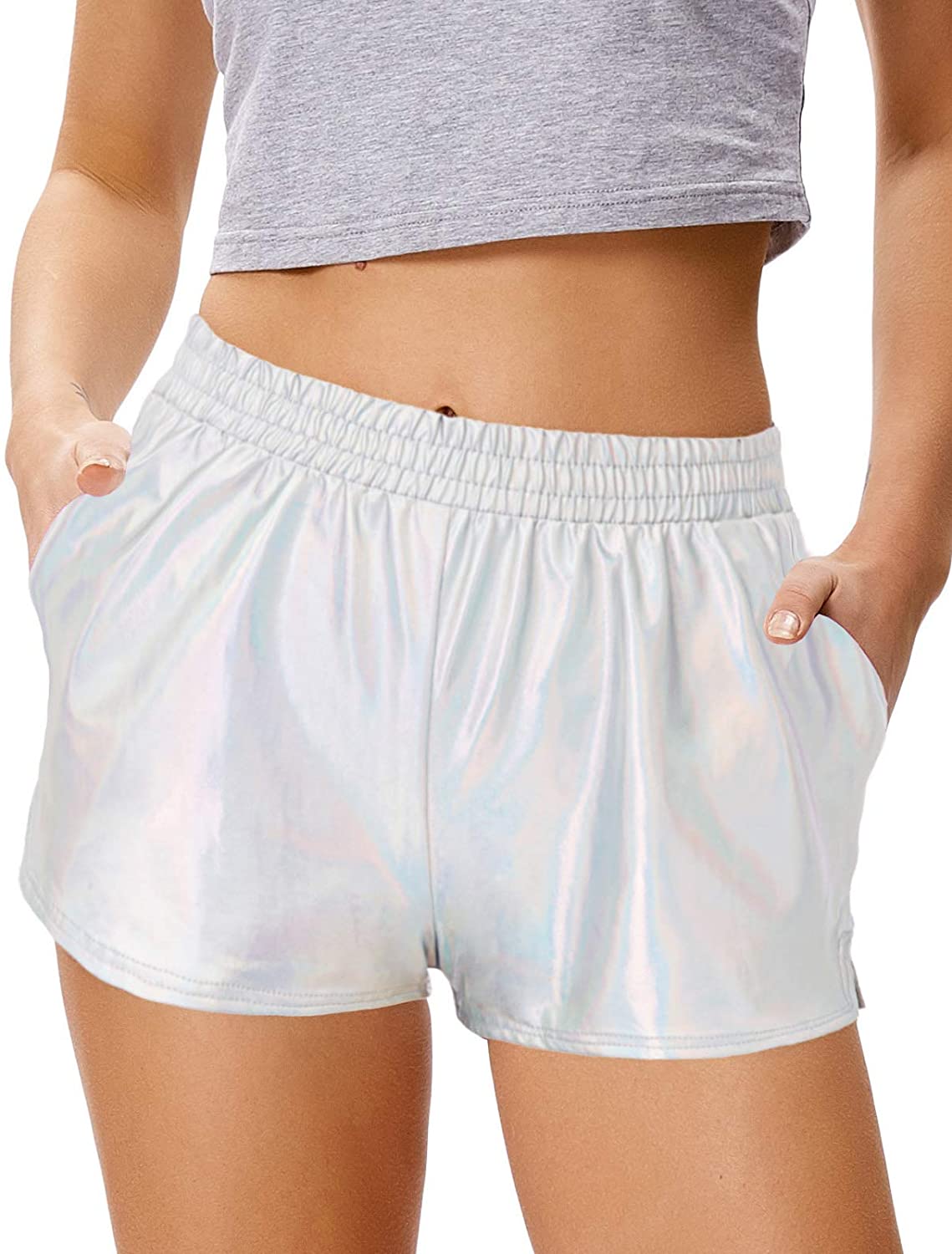 Price:$6.99 Kasin Women's Elastic Waist Metallic Shorts Shiny Rave Pants Sparkly Yoga Hot Shorts at Amazon Women’s Clothing store