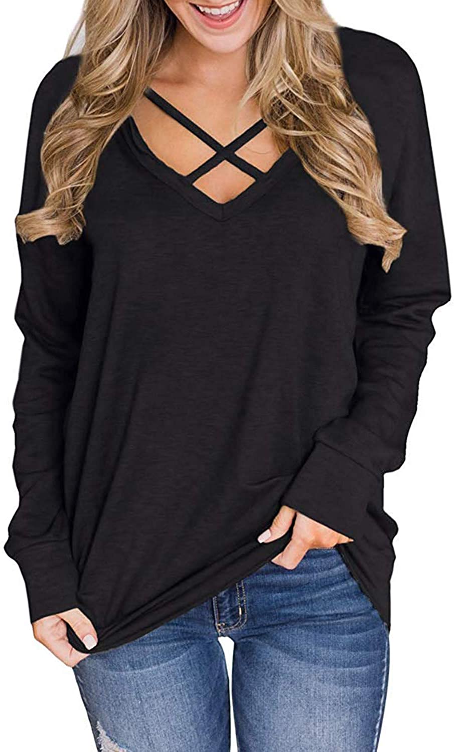 Price:$13.59 Women's V Neck Sweatshirt Criss Cross Long Sleeve T Shirt Casual Tops S-3XL at Amazon Women’s Clothing store