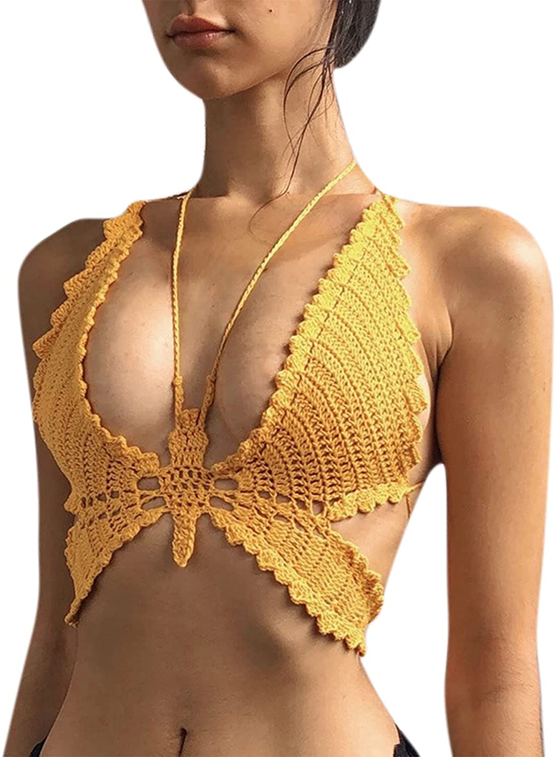 Price:$24.39 Sexy Butterfly Crop Tank Top Crochet Halter V Neck Camisole Vest Outfit for Party Club Dance Yellow at Amazon Women’s Clothing store