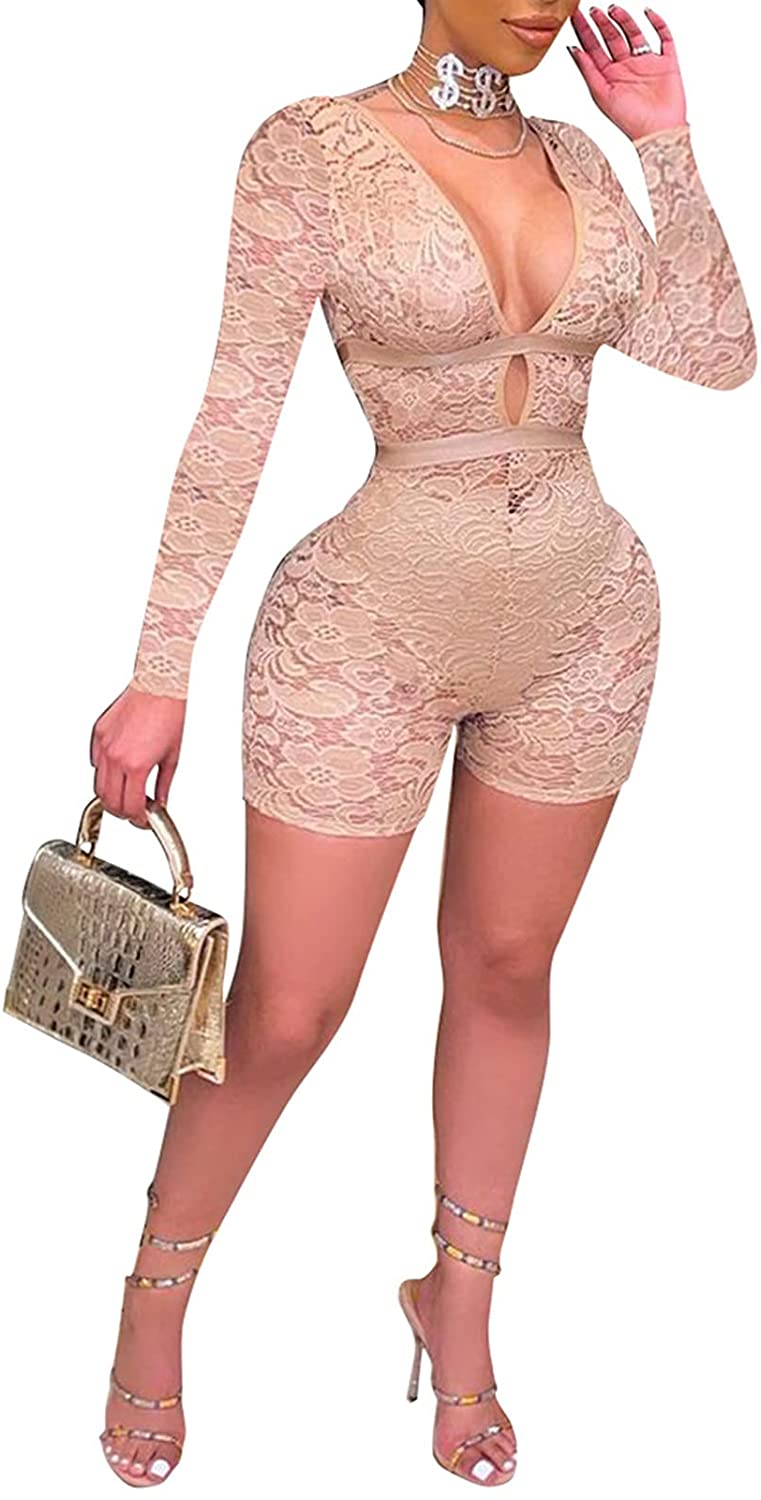 Price:$9.99 Sexy Bodycon Lace Jumpsuit Sheer Deep V Neck Hollow out Long Sleeves with Zipper Shorts Club Rompers : Clothing, Shoes & Jewelry