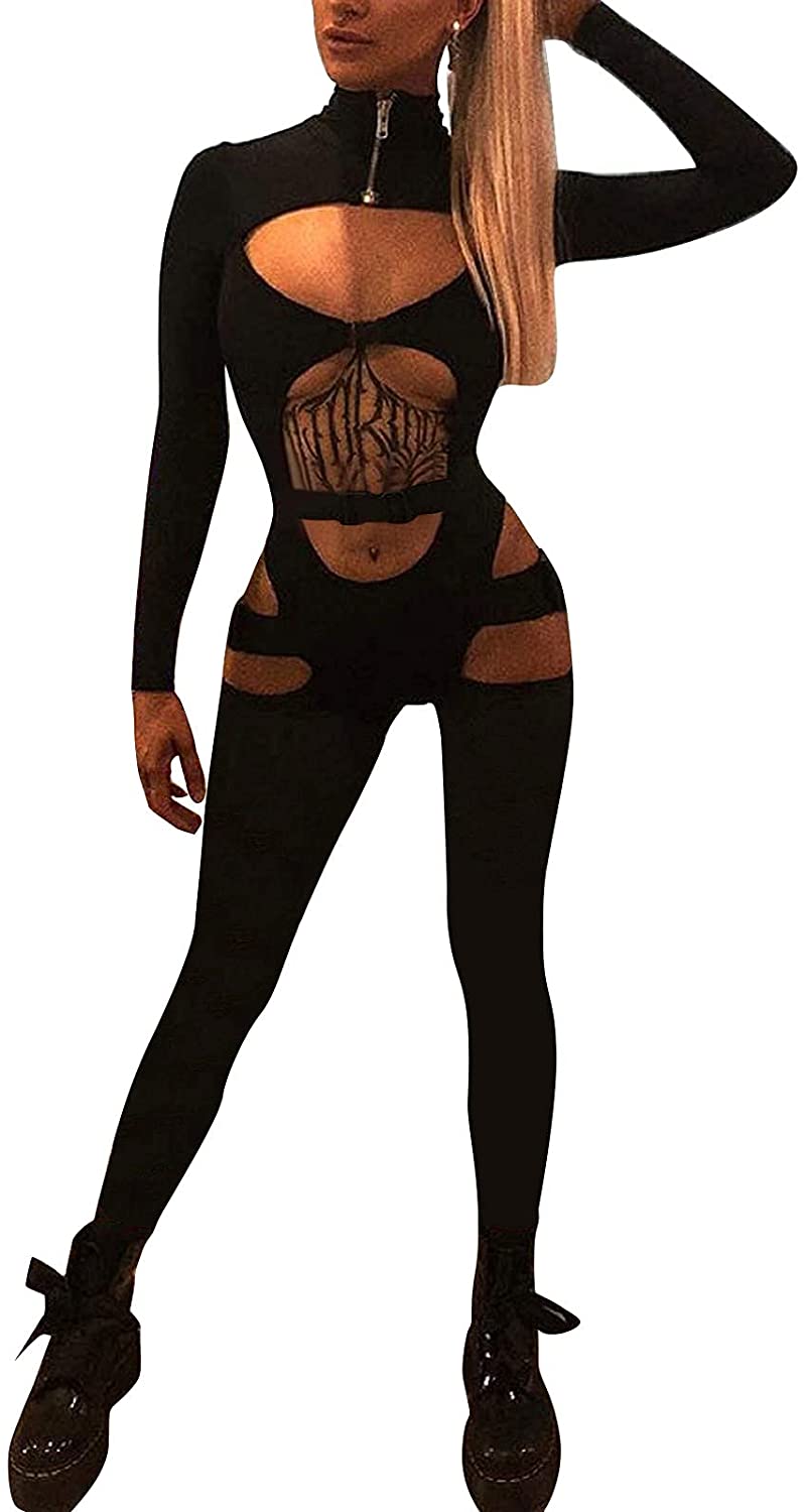 Price:$13.99 Sexy Jumpsuit Hollow Out Bodysuit Long Sleeve Buckle Romper Cut Out Goth Outfits Biker Y2k Clubwear : Clothing, Shoes & Jewelry