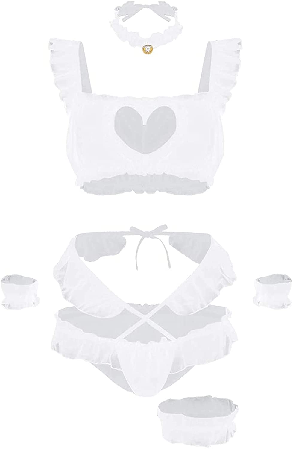 Price:$23.99 Women's Cosplay Cute Cat Anime Costume Outfit Pajamas Ruffle Trim Keyhole Tank and Thong Panty Set 5Piece Sleepwear (White, One Size) : Clothing, Shoes & Jewelry