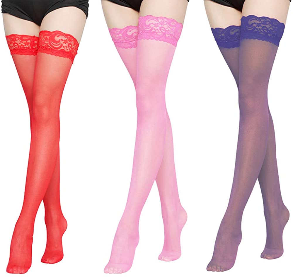 Price:$9.99 Package!3 Pack Lace Top Hold Up Stay Up 20 Denier Sheer Thigh-High Stockings Pantyhose (B) at Amazon Women’s Clothing store