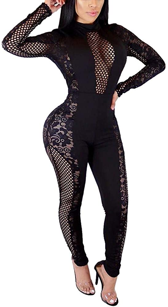 Price:$26.99 Womens Sexy Lace Jumpsuit See Through Mesh Long Sleeve Romper Clubwear : Clothing, Shoes & Jewelry
