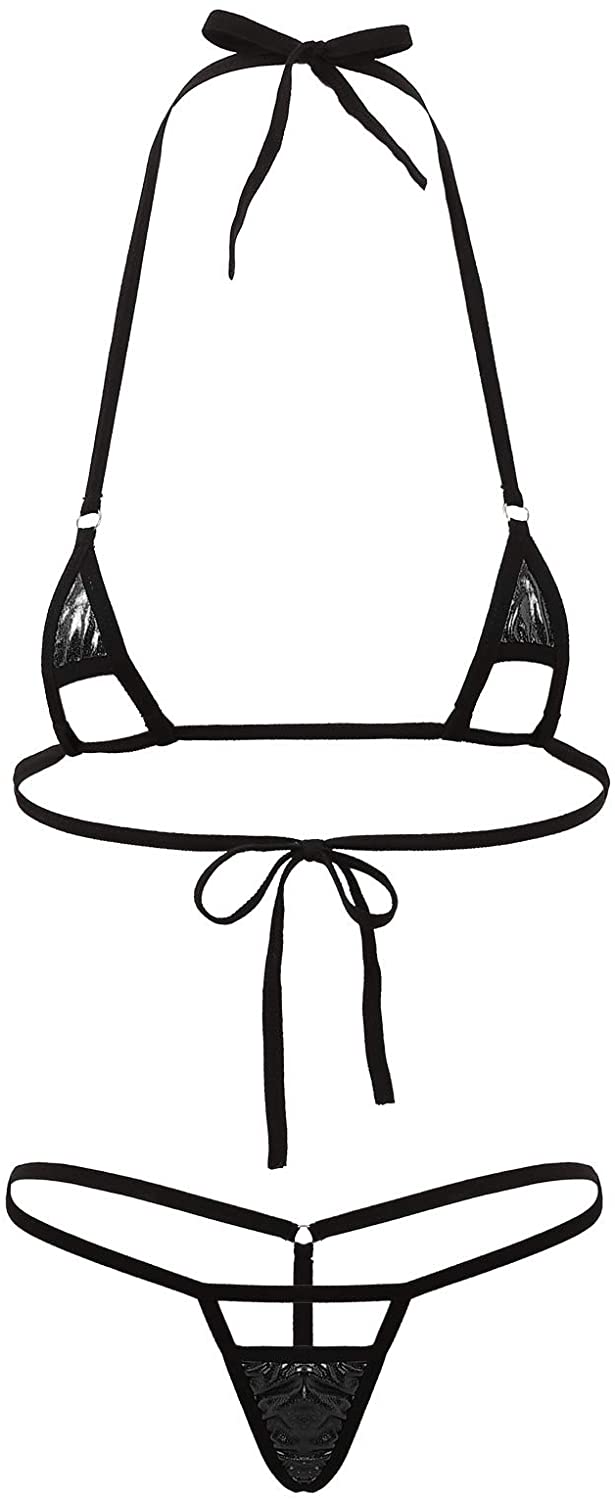 Price:$13.99 Women Sexy Metallic Extreme Bikini Lingerie Set Bikini Thong Briefs Bottoms Swimsuit Black One Size : Clothing, Shoes & Jewelry