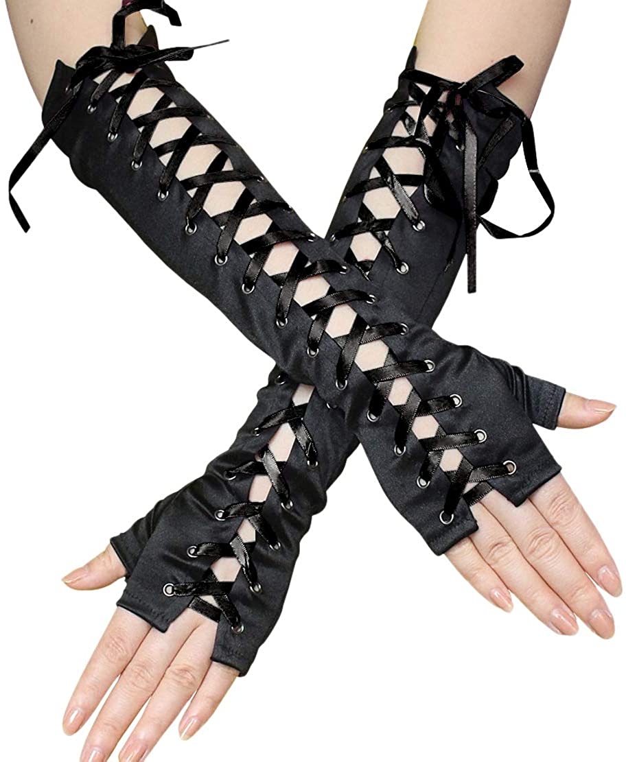 Price:$11.99 Women's Lace Up Elbow Length Steampunk Gloves Sexy Fingerless Gothic Arm Warmer Satin Long Glove (One Size, Black Satin Fingerless) : Clothing, Shoes & Jewelry