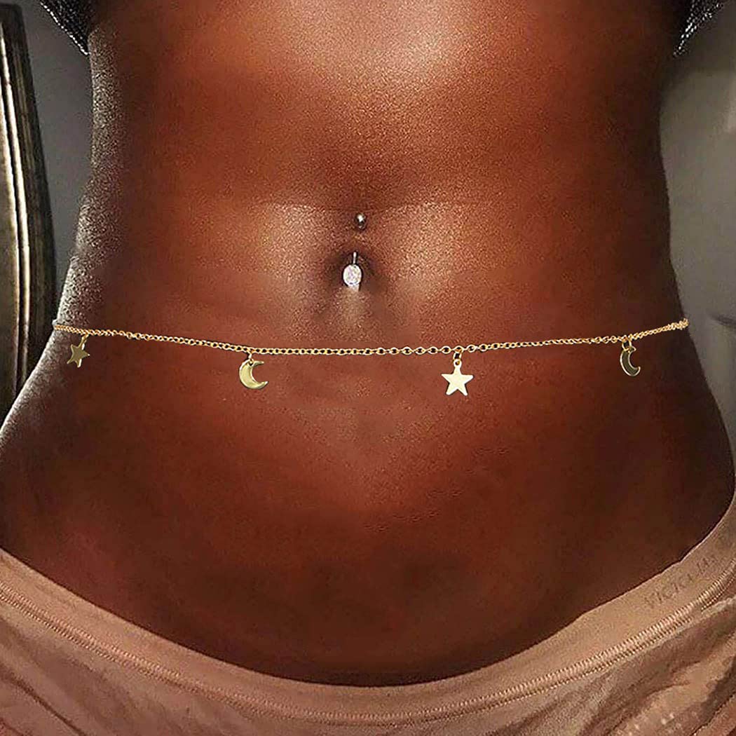Price:$6.66 Boho Star Waist Chain Gold Harness Body Chain Crescent Moon Belly Chains Belt Summer Beach Costume Jewelry Adjustable for Women and Girls : Clothing, Shoes & Jewelry