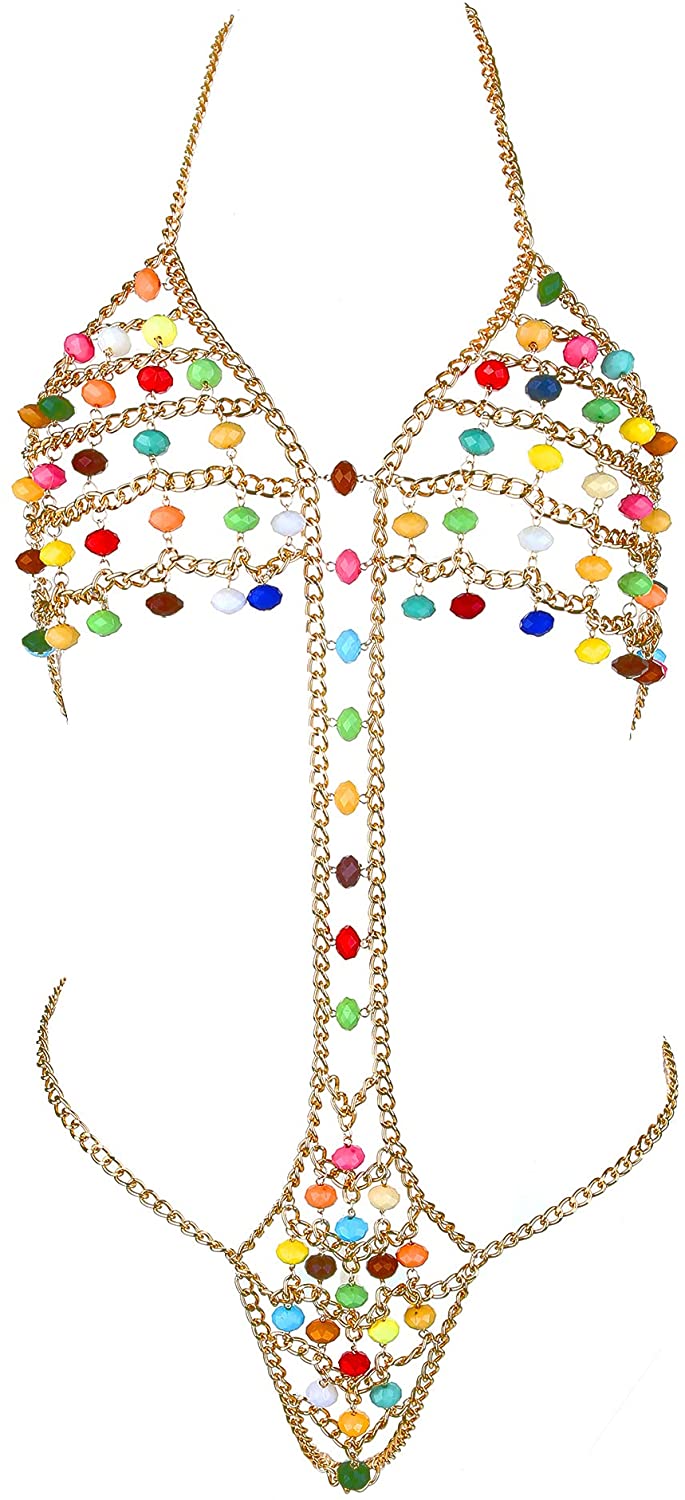 Price:$29.99 Gold Body Chain for Women Set Acrylic Color Beads Layered Bra Chain-Suitable for Holiday Party and Photo Shoots : Clothing, Shoes & Jewelry