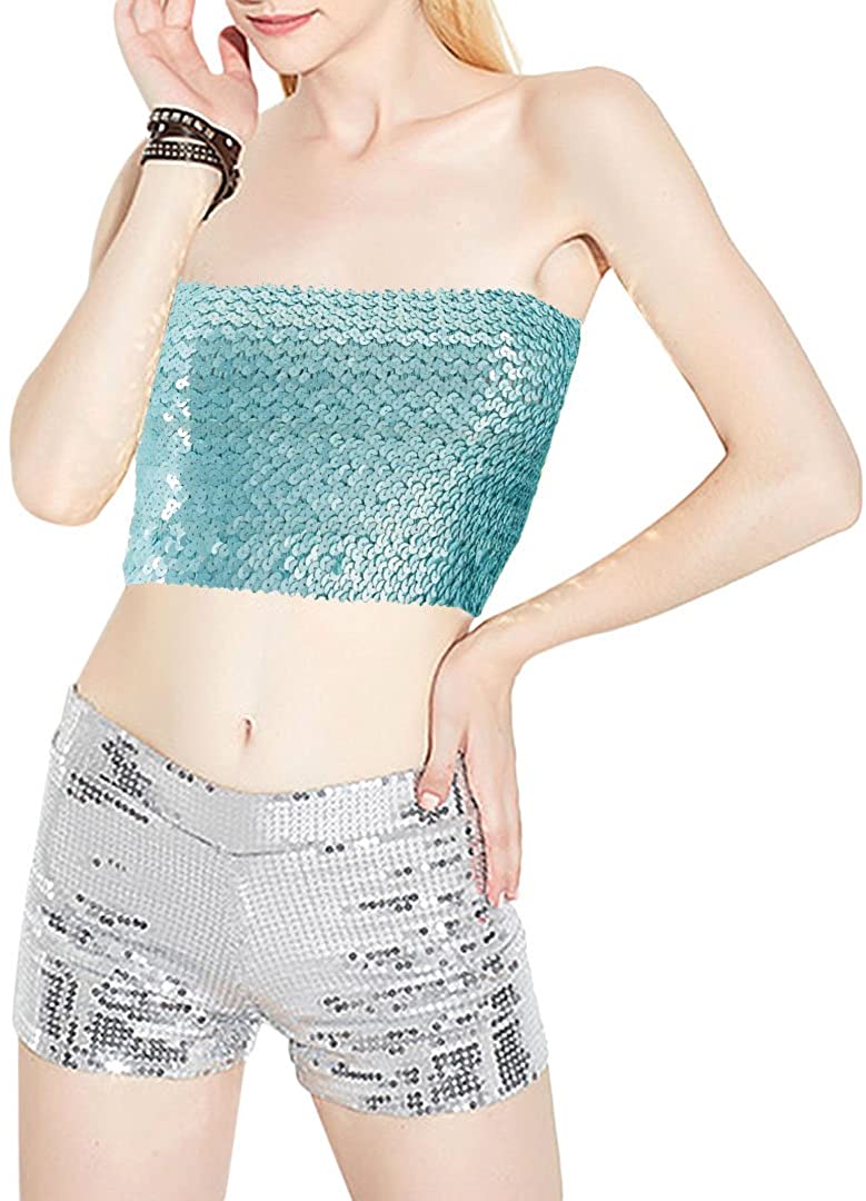 Price:$11.99 Women's Sparkly Bling Sequin Tube Top Sexy Stretchy Crop Top Party Costume Clubwear Camisoles (Sky Blue) : Clothing, Shoes & Jewelry