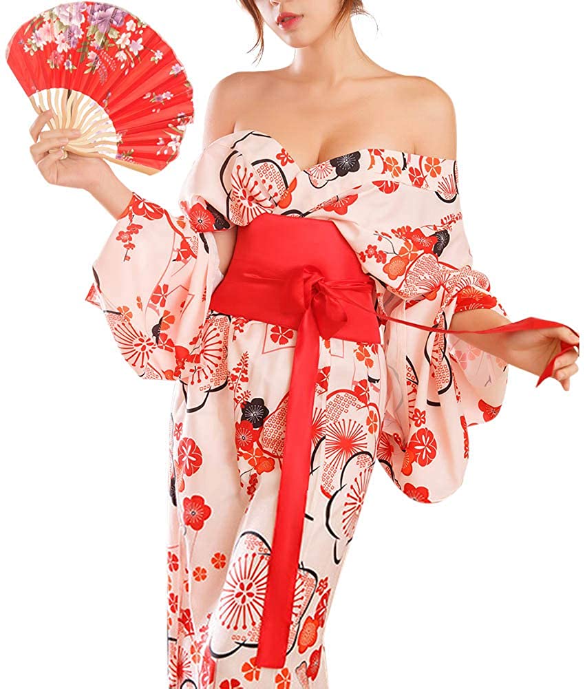 Price:$44.00 Traditional Japanese Kimono Pink Peach Blossom Print Yukata Long Robe with Obi Belt (48# Pink) at Amazon Women’s Clothing store