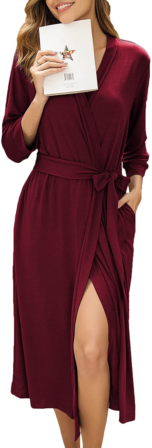 Price:$26.98 Women Kimono Robes Long Knit Bathrobe Lightweight Soft Robes V-Neck Casual Ladies Loungewear at Amazon Women’s Clothing store
