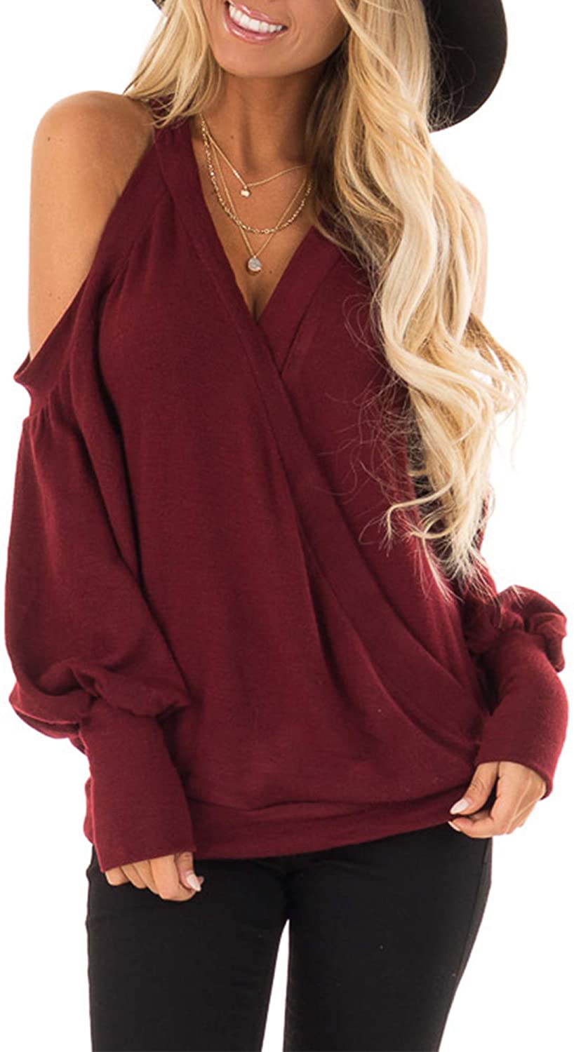 Price:$17.99 Women's Cold Shoulder Tops Long Sleeve Deep V-Neck Wrap Front Blouse Loose Pullover at Amazon Women’s Clothing store