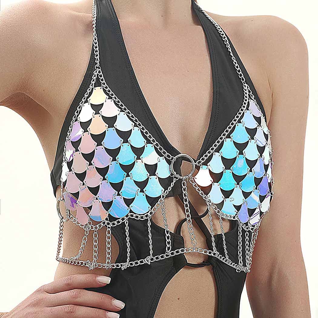 Price:$21.66 Bling Sequins Body Chains Silver Halter Scale Pendant Adjustable Chest Chain Beach Nightclub Party Bra Chain Body Jewelry for Women and Girls (top) : Clothing, Shoes & Jewelry