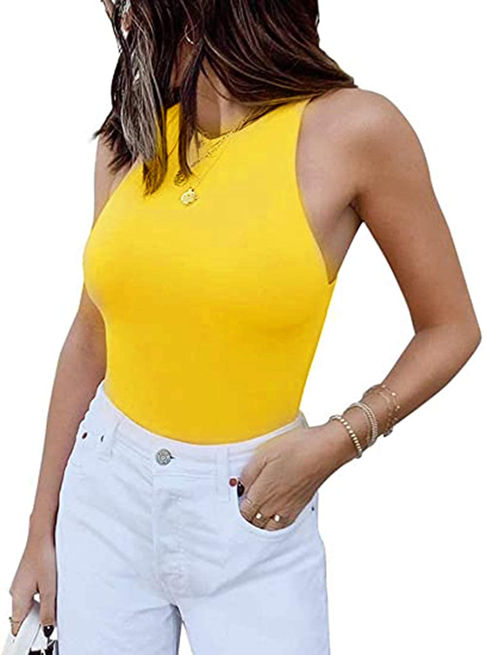 Price:$18.98 Women's Sexy Round Neck Sleeveless Racer Back High Cut Bodysuit Tank Top : Clothing, Shoes & Jewelry