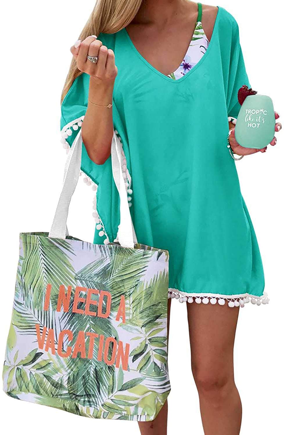 Price:$24.98 Women's Chiffon Pom Pom Kaftan Swimwear Bathing Suit Beach Cover Up Light Green Medium at Amazon Women’s Clothing store