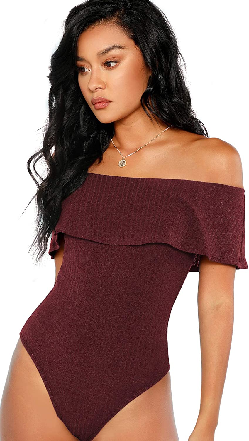 Price:$16.50 Women's Sexy Off Shoulder Ribbed Bodysuit at Amazon Women’s Clothing store