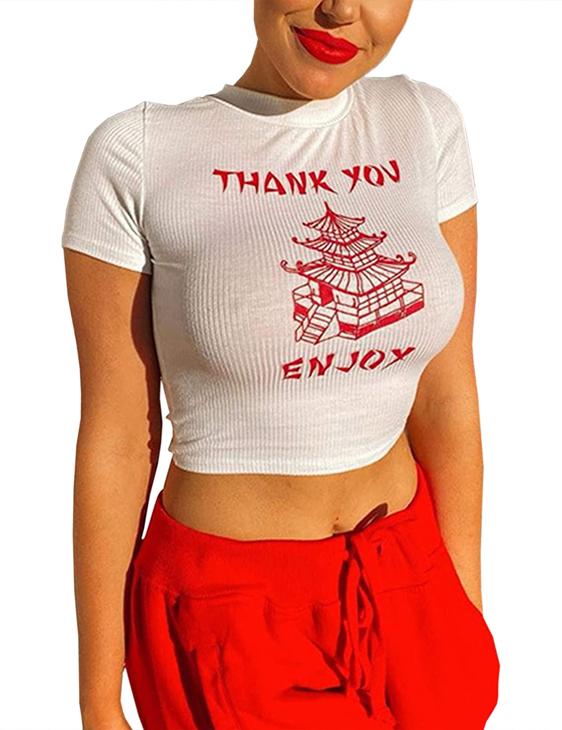Price:$13.99 Women Sexy Thank You Enjoy Printed Tower Graphic Skinny Slim Streetwear Sleeveless Crop Tank Top at Amazon Women’s Clothing store