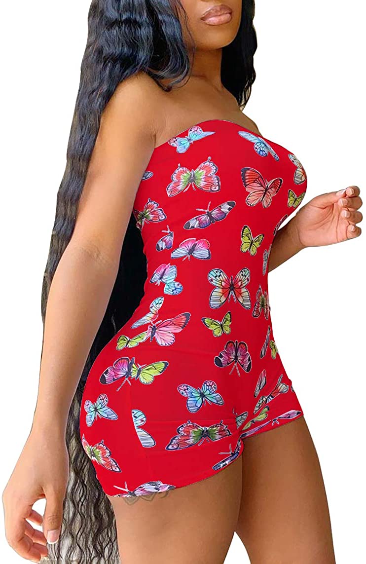 Price:$7.99 Sexy Strapless Short Jumpsuit Butterfly Print Bodysuit Pajamas Tube Top Romper Plus Size : Clothing, Shoes & Jewelry