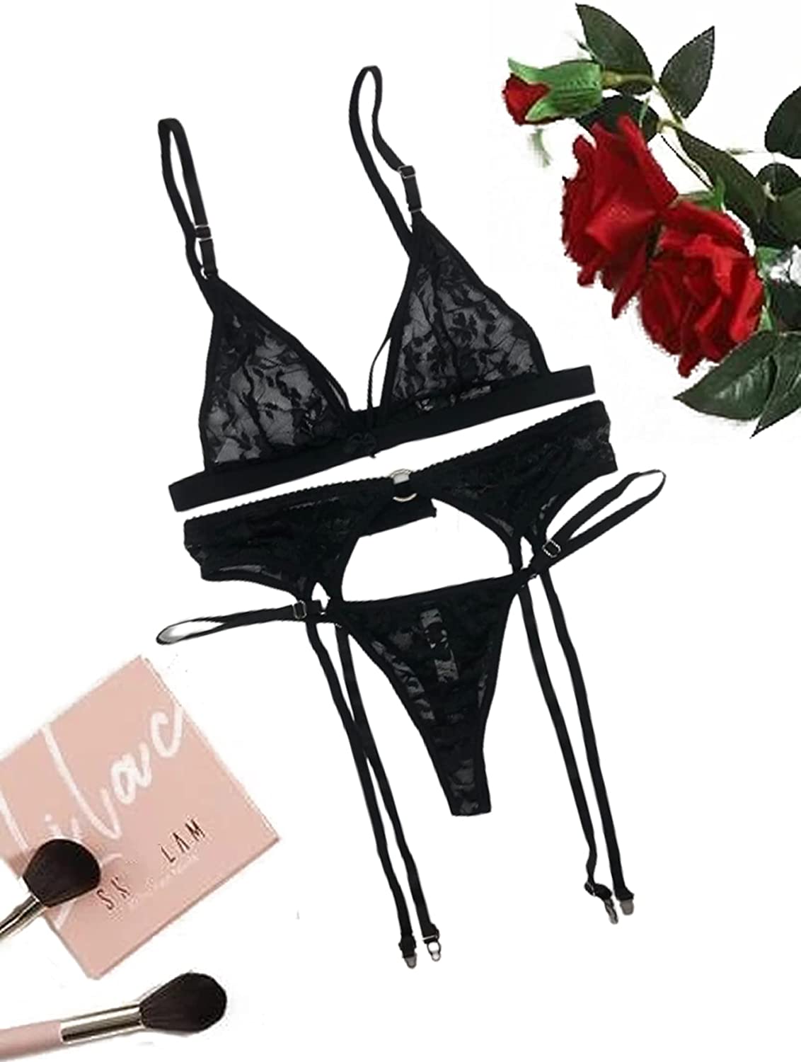 Price:$15.99 Women's 3PC Sexy Lingerie Set with Garter Belts Floral Lace Nightwear Teddy Strap Babydoll: Clothing, Shoes & Jewelry