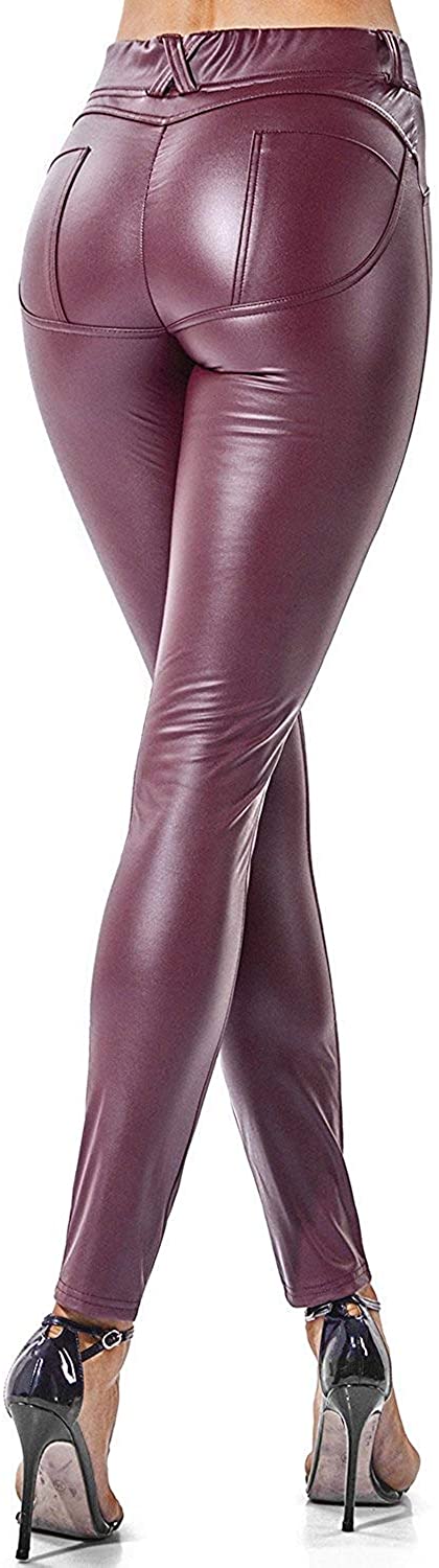 Price:$16.97 Women's Faux Leather Leggings Pants PU Elastic Shaping Hip Push Up Black Sexy Stretchy High Waisted Tights at Amazon Women’s Clothing store
