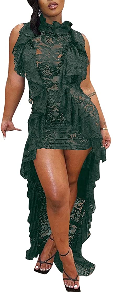 Price:$27.99 Sexy Lace High Low Ruffle Dress See-Through Sleeveless Bodycon Party Cocktail Trailing Maxi Dresses at Amazon Women’s Clothing store
