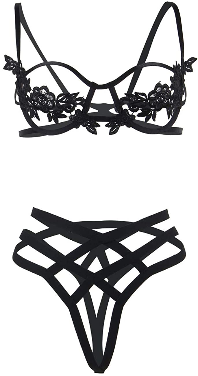 Price:$9.99 Women's Strappy Lingerie Set 2 Piece Cut Out Crisscross Push Up Bra and Panty Set M-XL at Amazon Women’s Clothing store