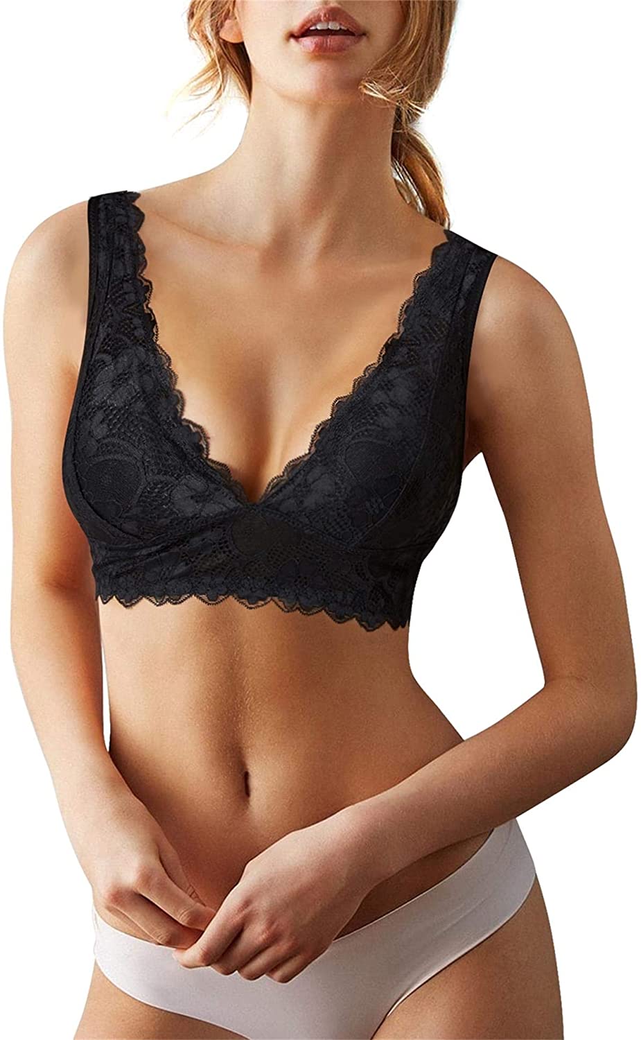 Price:$14.99 Bralette for Women Lace Plunge Bra Deep V Racerback with Removable Pads Wirefree at Amazon Women’s Clothing store