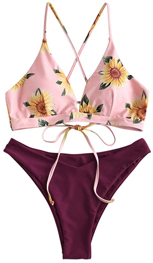 Price:$9.99 Women's Bikini Swimsuit Floral Print Lace Up V Neck Two Pieces Bathing Suit : Clothing, Shoes & Jewelry