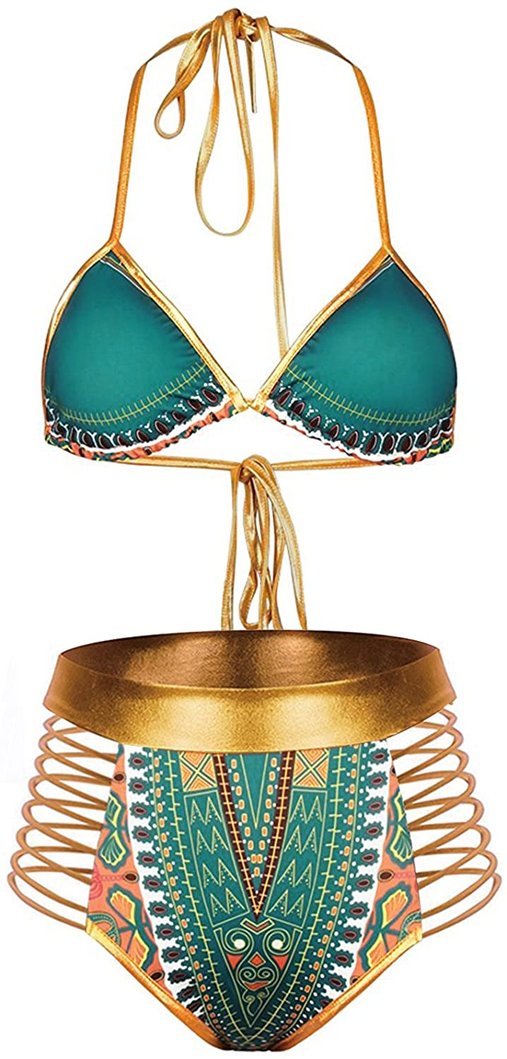 Price:$16.99 Women Tribal Print Bikini African Metallic Swimsuit Two Piece Beachwear Cutout Halter Neck Bathing Suit Swimwear : Clothing, Shoes & Jewelry