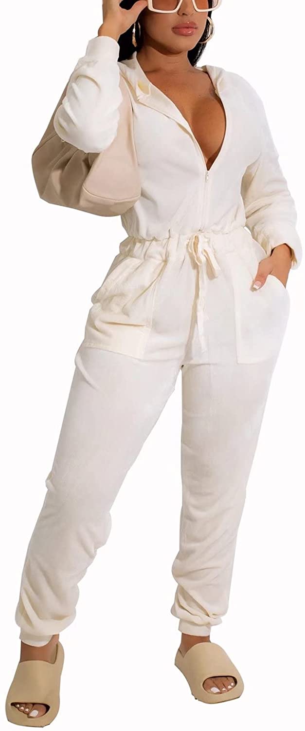 Price:$38.99 Velvet Jumpsuits for Women Long Sleeve Casual Zip Up Drawstring Waist Long Pants Jumpsuit Romper with Pockets : Clothing, Shoes & Jewelry