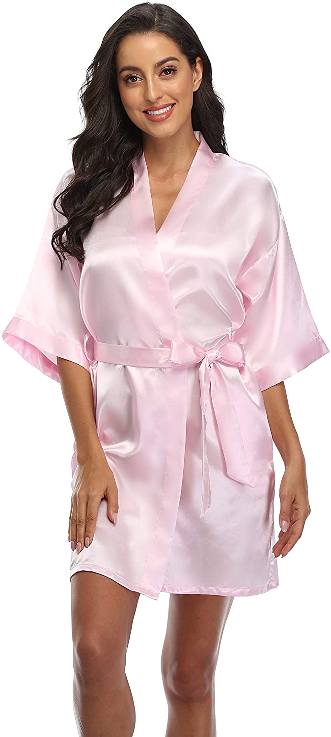 Price:$9.99 Satin Short Kimono Robe Solid Color Bridesmaid Robes Silky Bathrobe for Wedding Party at Amazon Women’s Clothing store