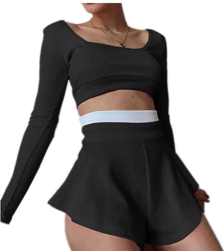 Price:$12.99 Square Neck Long Sleeve Crop Top and Shorts Culottes Sports Suit Two Piece Set (Black, S) at Amazon Women’s Clothing store