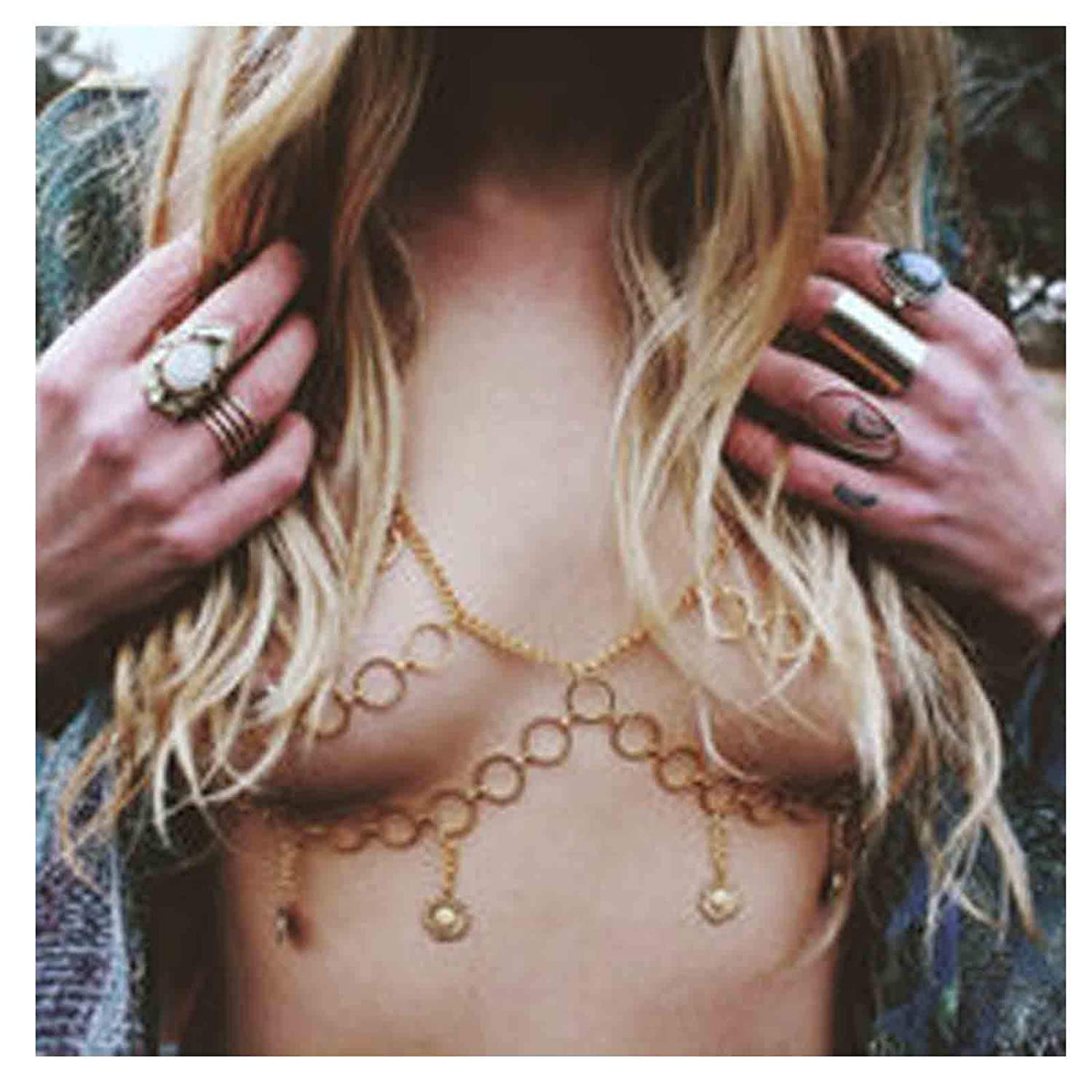 Price:$14.66 Halter Chain Bra Harness Jewelry Gold Bra Strap Chain Halter Top Breast Bralette Chain Rave Outfit Jewelry Nightclub Accessories for Women and Girls (Gold) : Clothing, Shoes & Jewelry